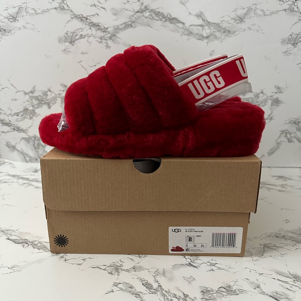 UGG Fluff Yeah Red Slingback Slippers Slides - Picture 8 of 8